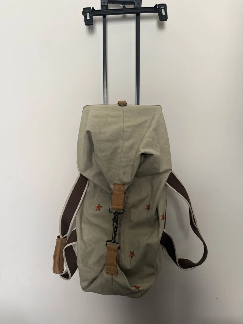 L.L. Bean Cream Canvas Duffel with Brown Straps and Orange Star Accents